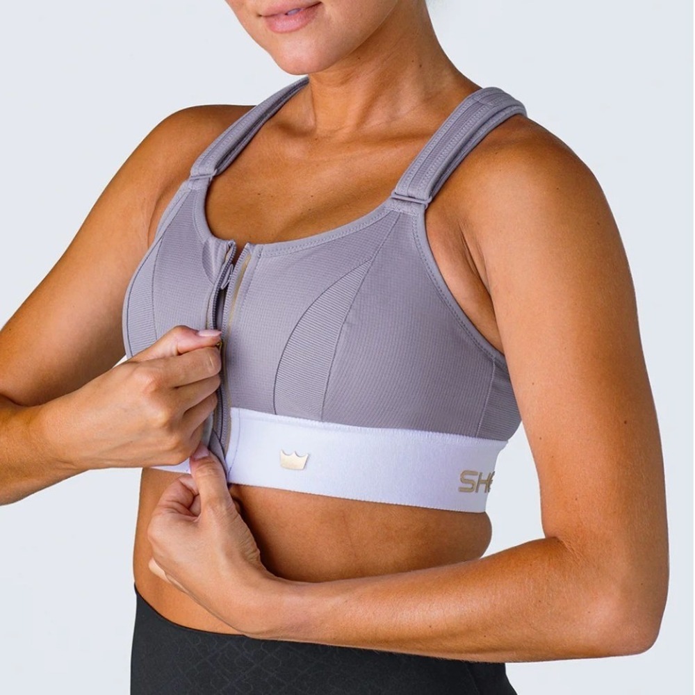 SHEFIT Zip Front Support Sports Bra Lavender Gold Crown Logo Mesh Panels